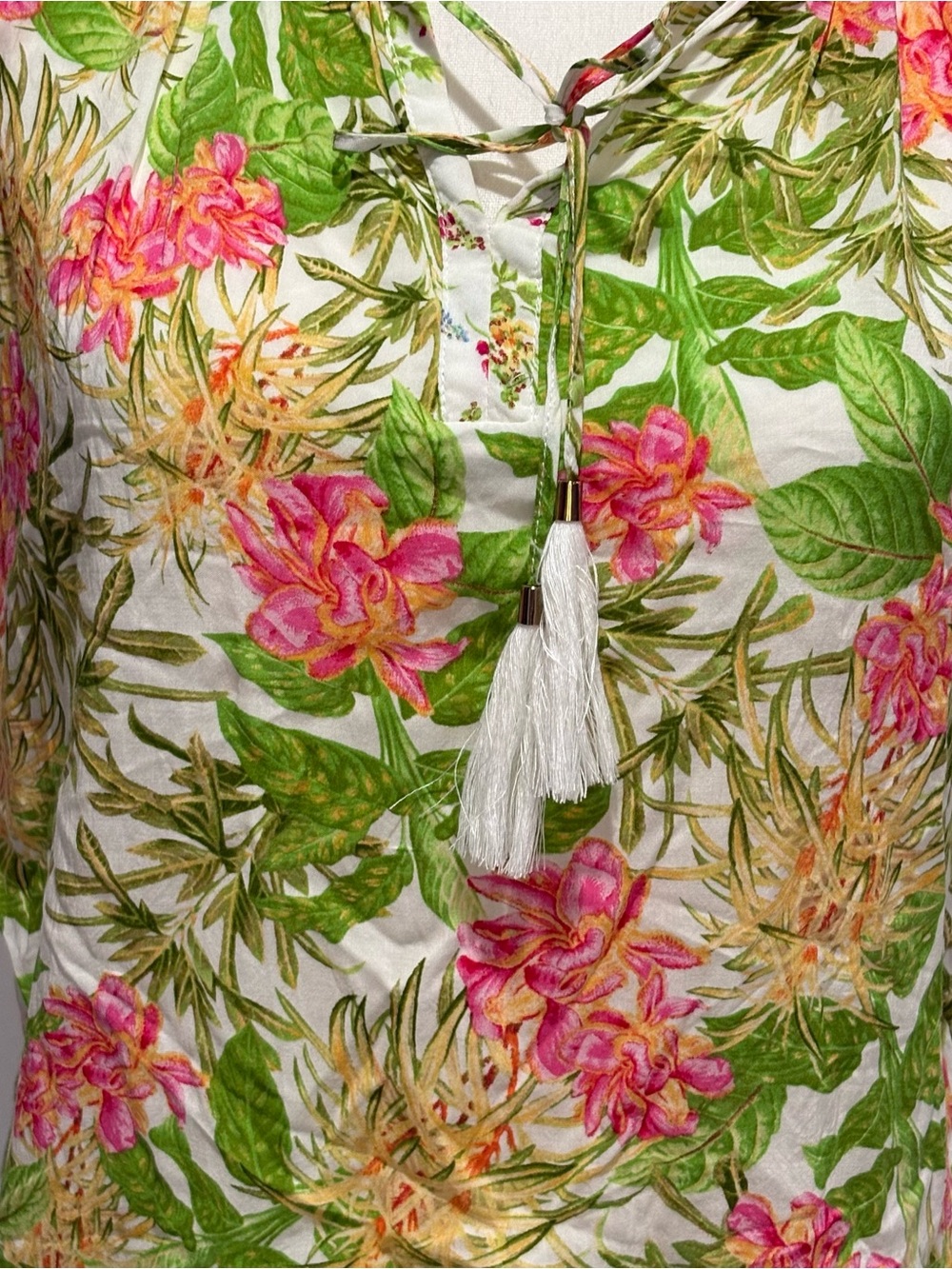 Rose + Olive Floral Blouse Top Small Boho Peasant Tassel Tie Neck Ruffle Sleeve - Picture 3 of 10